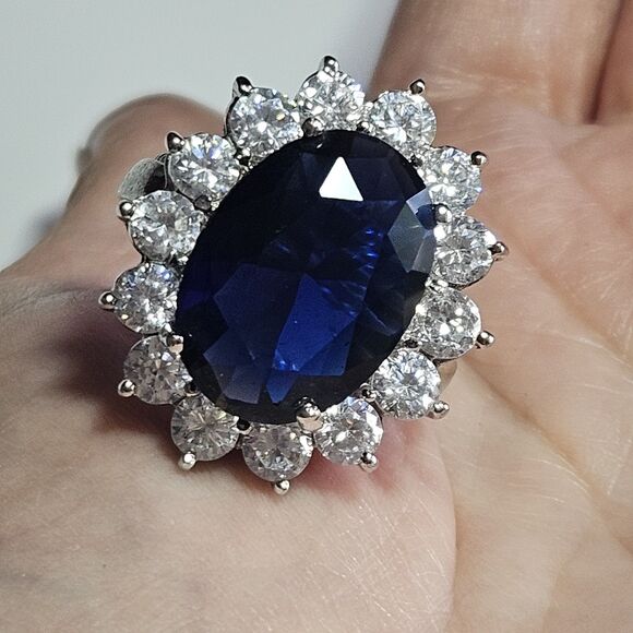 **Sale** Kenneth Jay Lane Princess Diana Sapphire & CZ ring Size 9 Silver Tone - Picture 1 of 15